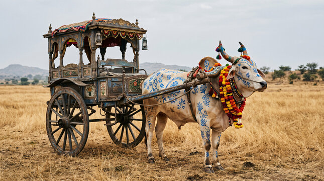 Authentic Kharchi Puja Bullock Cart with Floral Designs in Rural Wheat Field Featuring Harvest Festival Vibes for Seasonal Marketing and Social Media ... See More