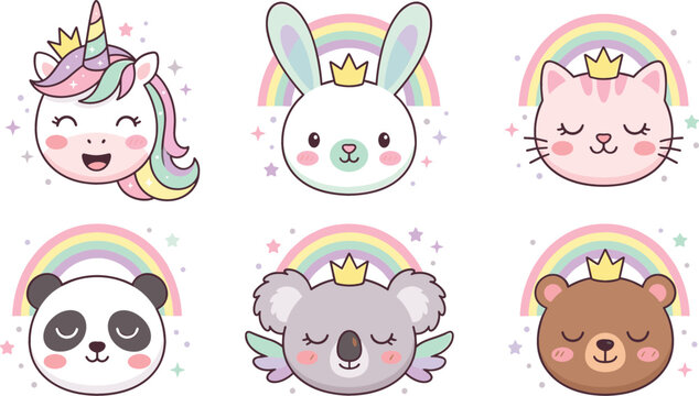 Cute Pastel Animal Head Illustration Set with Unicorn, Bunny, Cat, Panda, Koala, and Bear with Crowns and Rainbows for Kids&rsquo; Designs