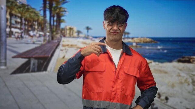 Man in orange safety jacket pointing finger at camera on a street boardwalk by the seaside; wry uncertainty.