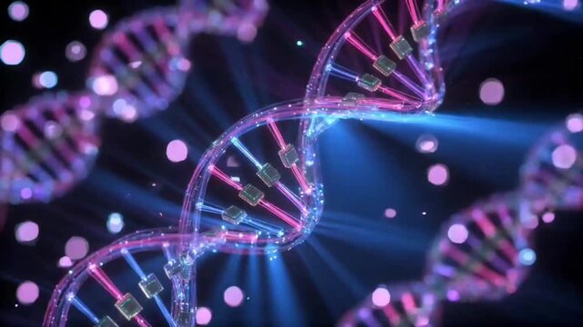 Abstract biotechnology illustration of DNA strands with luminous base pairs on dark background