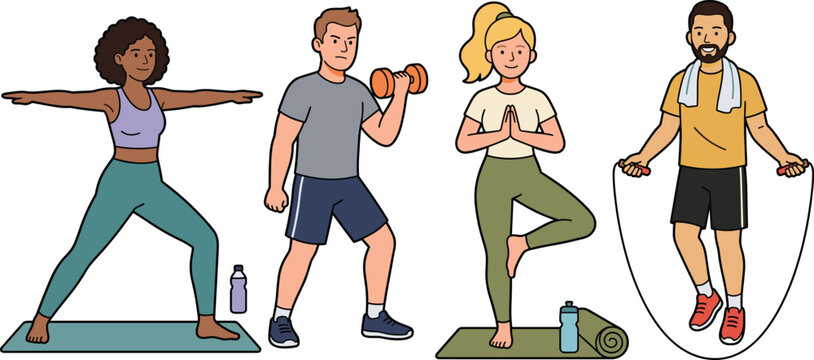 Diverse Group of People Exercising Yoga, Weightlifting, and Cardio Training Flat Vector Illustration Set