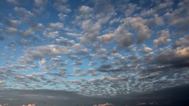 Partly cloudy altocumulus clouds in blue sky during beautiful sunset golden hour light. Dramatic cloudscape, atmospheric, and meteorology create moody atmospheric drama and forecast themes.