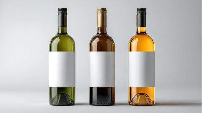 Three wine bottles with blank labels on a neutral backdrop for packaging design mock-up