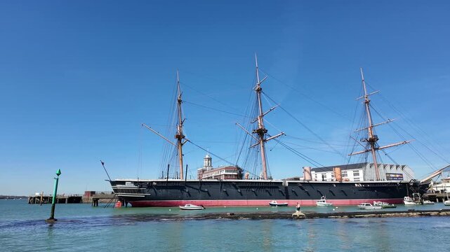 Portsmouth Harbour England UK. 28.04.2026. Video. Visitor attration the HMS Warroir built in 1860 during Queen Victoria reign. It was Britains first iron hulled aroured warship.