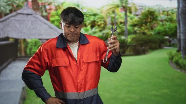 Young hispanic man mechanic in orange uniform holding wrench, hand on hip, looking down on resort lawn near building; frustration.