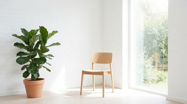 Potted fiddle leaf fig plant next to a wooden chair in a bright white room with a large window and natural daylight