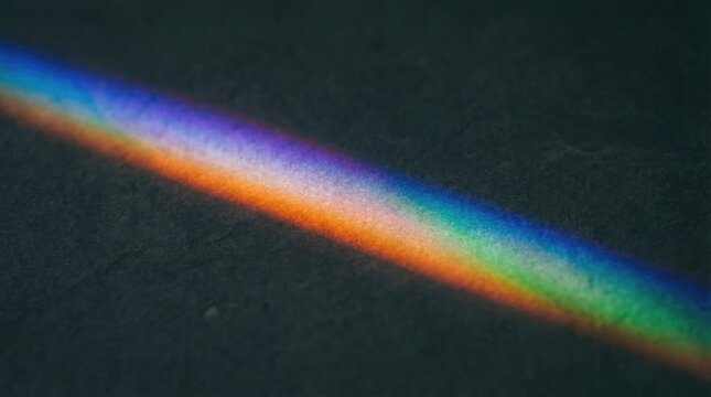 Single diagonal beam of rainbow light spectrum refracted on a dark gray textured stone surface with visible grain and shadows