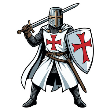 Standing Medieval Knight Templar with Sword and Shield
