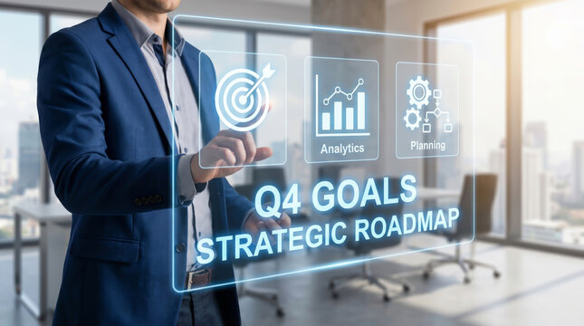 Businessman analyzing Q4 goals and strategic roadmap on virtual screen with target kpi analytics and performance metrics for business success and corporate growth in modern office setting.