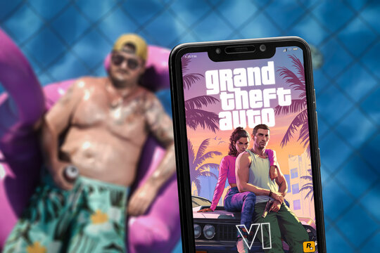 Cali, Colombia - May 4 2026: Smartphone displaying Grand Theft Auto VI artwork by poolside