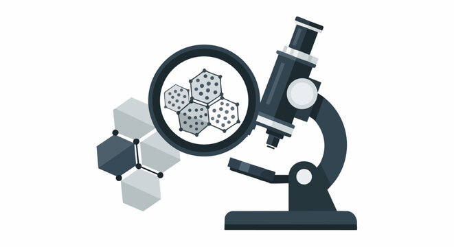 Scientific Research Vector Illustration Featuring Microscope and Magnifying Glass Examining Molecular Nanotechnology Structures