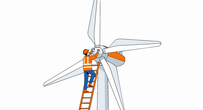 Wind Turbine Maintenance Technician Climbing Ladder for Repair - Renewable Sustainable Green Energy Flat Illustration