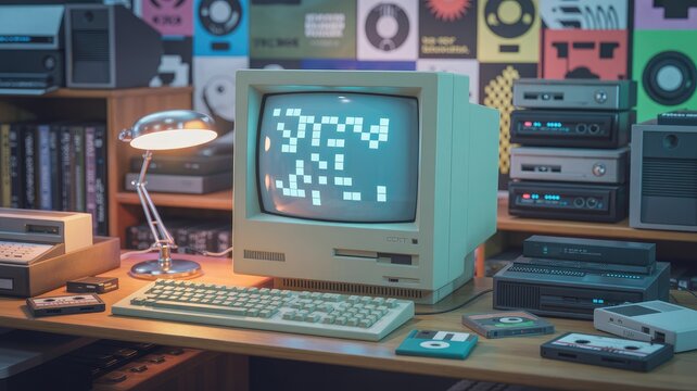 Vintage desktop computer with a cathode ray tube monitor displaying pixelated surrounded by audio cassettes and retro electronic equipment