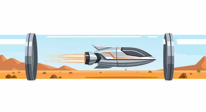 Futuristic Hyperloop Pod Travel at High Speed in Vacuum Tube Over Desert Landscape, Innovative Transportation Technology Vector Illustration