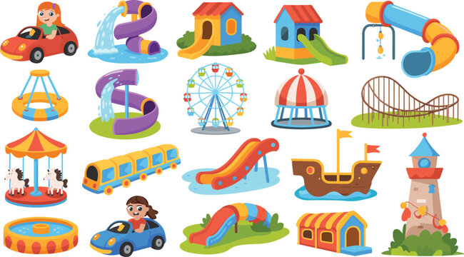 Colorful Kids Amusement Park and Playground Element Icon Set with Rides, Slides, and Playhouse for Children Activities