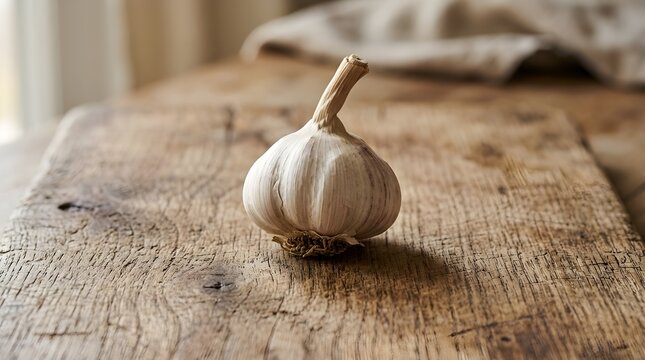 A single bulb of garlic sits on a rustic wooden table or cutting board indoors in natural light