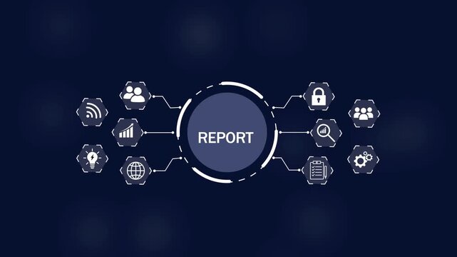 Report generation concept with interconnected for data analysis documentation and business insights on Black Background and features 4k Motion graphics video