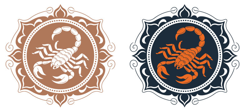 Scorpion label belt buckle old west cowboy style tag design vector illustration with vintage western engraved decorative emblem badge.