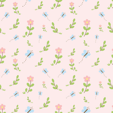 Cute Floral and Butterfly Seamless Pattern Pastel Spring Background Minimal Nature Design