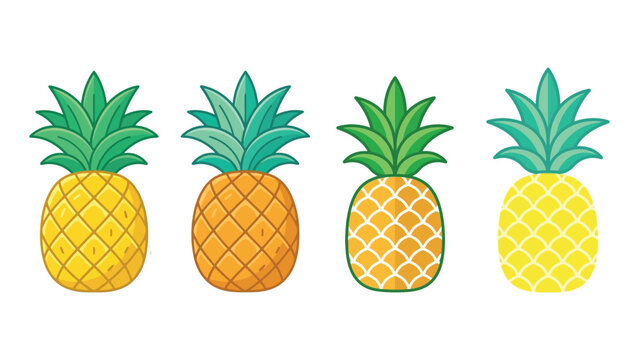 Set of cute pineapple cartoon illustrations isolated on white background. Tropical fruit vector icons in different styles