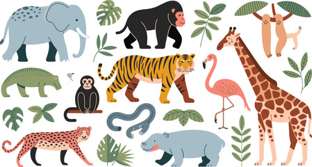 Fototapeta premium Colorful Jungle Wild Animal Collection with Tiger Elephant Giraffe Flamingo and Leopard for Nature and Kids Design Projects