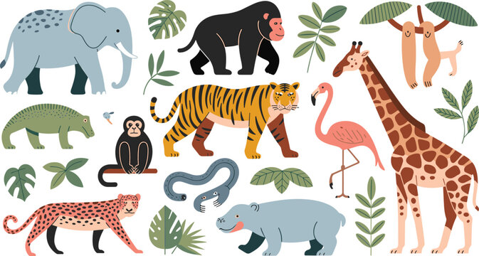 Colorful Jungle Wild Animal Collection with Tiger Elephant Giraffe Flamingo and Leopard for Nature and Kids Design Projects