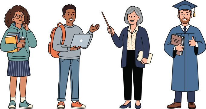 Diverse Education Character Set Including Students, Teacher, and Graduate Holding Laptop and Books, Flat Illustration Isolated on White Background