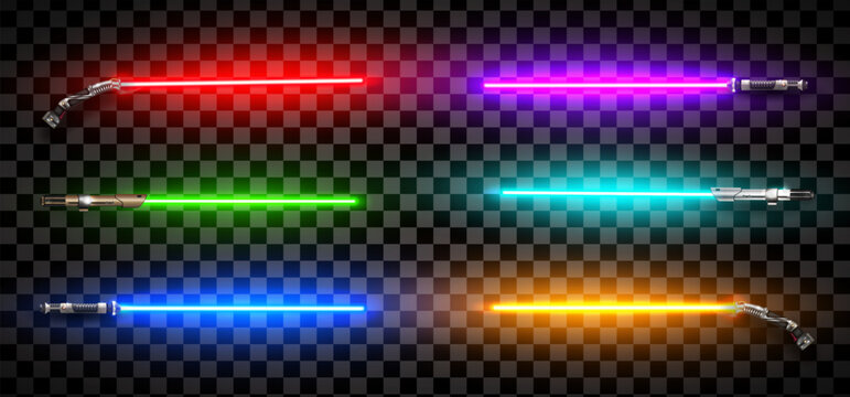 New realistic design colored neon swords pack isolated on dark transparent background. Close combat laser energy weapon. Vector illustration