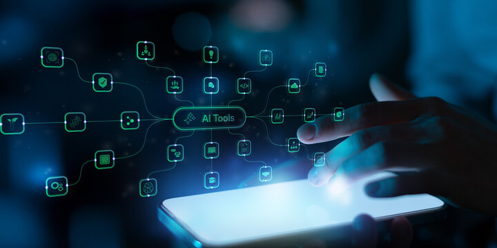 AI Tools Digital Artificial Intelligence Platform Showing Smart Automation Workflow and Intelligent Technology Ecosystem.
