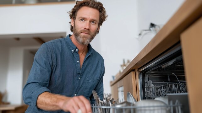 A handsome man carefully places dirty dishes into a modern dishwasher, showcasing his commitment to keeping the stylish open-plan kitchen tidy and welcoming