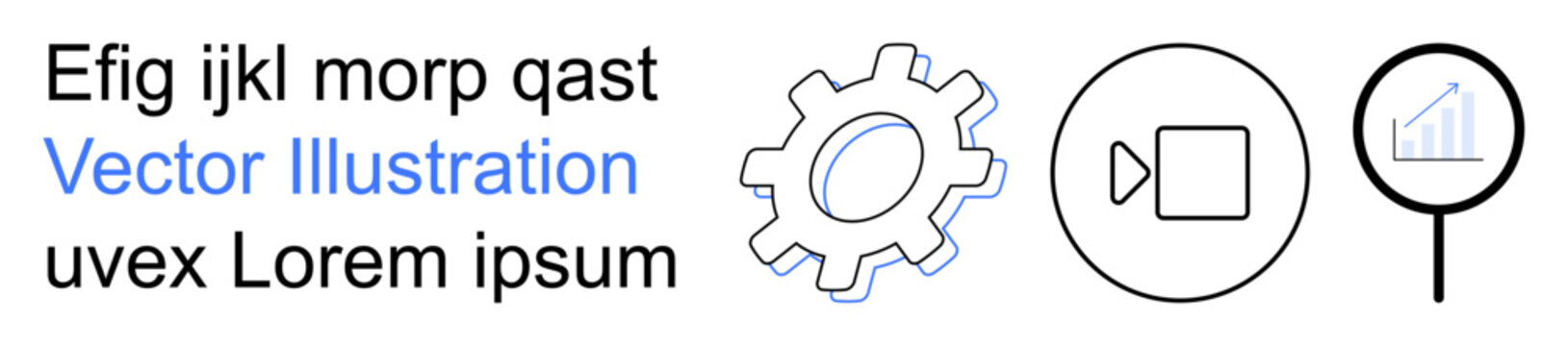 Technology, analytics, digital media, data management, innovation, usability concepts. Gear, video camera magnifying glass with chart symbols. Technology and analytics concept