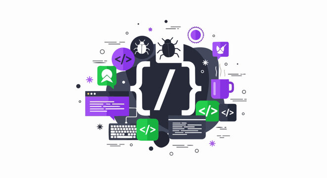 Software Development and Web Coding Vector Illustration Featuring Programming Brackets, Debugging Icons, Keyboard, and Coffee Cup for IT Technology and App Design Concepts
