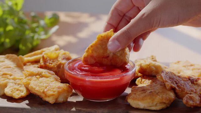 A young woman's hand dips a crunchy chicken nugget (strip) into a bowl of bright red ketchup in this slow motion video. The vibrant colors and delicious texture make it a perfect shot for food-related
