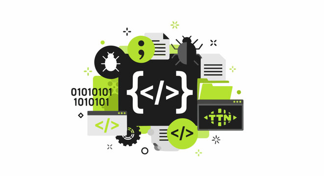 Software Development and Web Programming Concept Illustration with Coding Symbols, Bug Icons, Binary Code, and Debugging Elements
