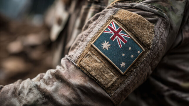 Australian flag patch on military uniform sleeve closeup