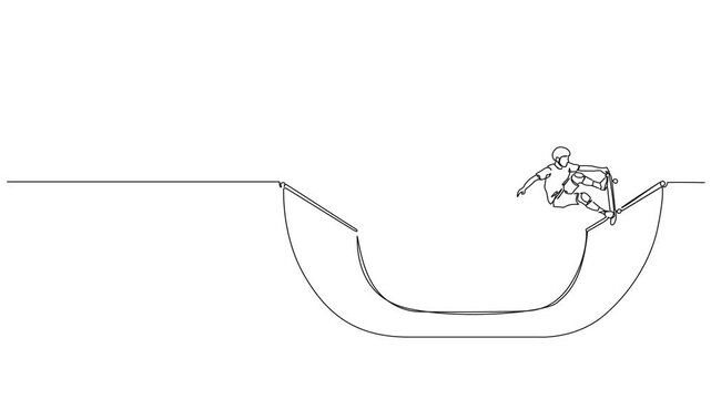 animated continuous line drawing of skater skateboarding in halfpipe, line art animation