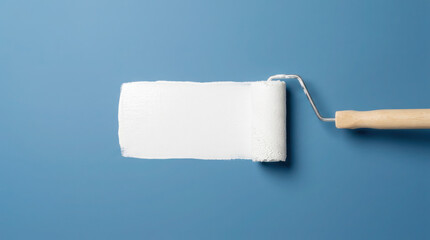 Obraz premium Paint roller with white paint on a blue background, showcasing a clean and modern design suitable for home improvement projects