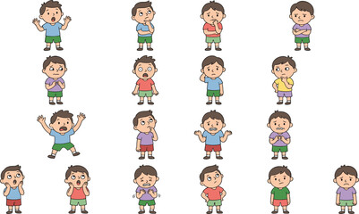 Set of cute boy emotions and expressions cartoon characters showing different feelings, gestures, and moods for kids behavior, psychology, and educational design