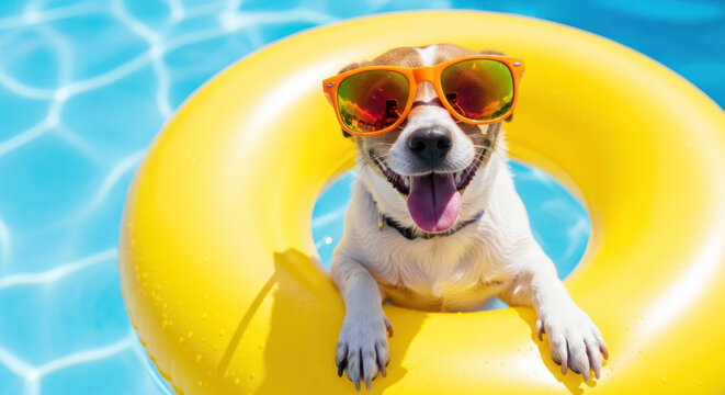 Dog wearing sunglasses relaxes in a yellow inflatable ring in a swimming pool with sparkling blue water on a sunny day