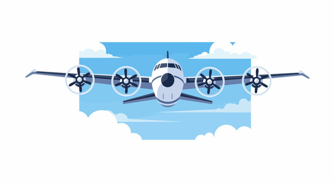 Flat Vector Illustration of a Four-Engine Propeller Airplane Flying Through Clouds in a Blue Sky; Front View Cargo Aircraft and Aviation Travel Concept