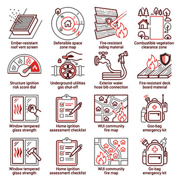 Wildfire risk assessment and home hardening preparation icons for fire safety apps, emergency management platforms, insurance underwriting dashboards, and WUI community UI tools.