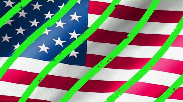 Dynamic video transition featuring stripes with the American flag texture flying across a green screen background. A perfect chroma key wipe effect for patriotic edits, news, and election videos