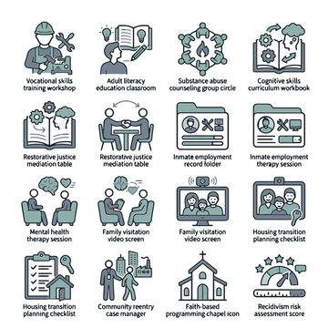 Correctional facility rehabilitation program and reentry service icons for justice tech apps, inmate management platforms, reentry program dashboards, and justice reform UI design.