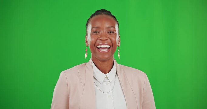 Business woman, laughing and portrait on green screen with for funny meme and happiness. Face of professional, young and African entrepreneur person or boss comic laugh on a studio background