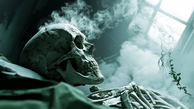 Eerie Human Skeleton Emerging from Mystical Green Smoke in a Dimly Lit Overgrown Room.