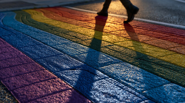 Pride Month rainbow crosswalk at golden hour, long shadow of a person midstride stretching across the painted surface, solitary yet bold, ideal for LGBTQ visibility, urban pride, and modern inclusiv