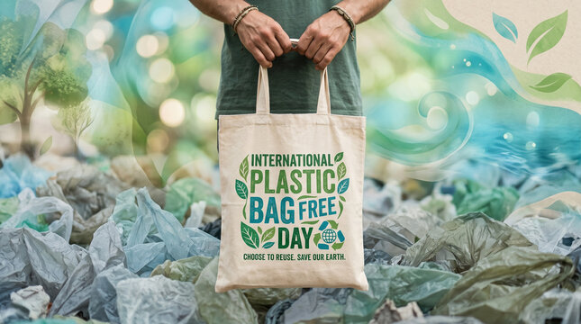 Person holding a reusable canvas tote bag with international plastic bag free day text, standing in front of a pile of plastic waste