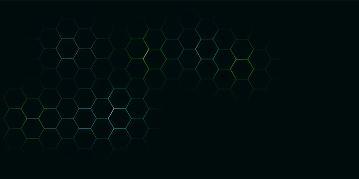 Dark hexagon abstract technology background with blue and green colored bright flashes under hexagon. Hexagonal gaming vector tech illustration black abstract background.