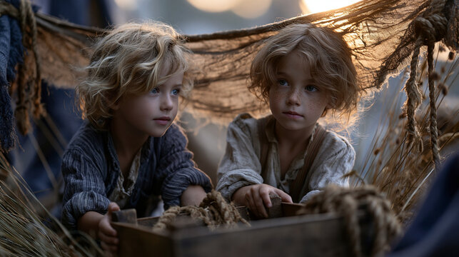 Two children drag a wooden crate through tall summer grass, building a makeshift fort with old fabric and rope in a rural yard, golden hour light filtering through leaf canopy overhead, perfect for 