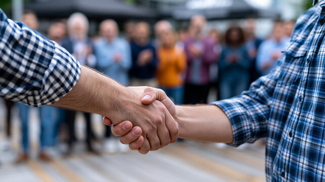 Accelerator graduation ceremony, founder shaking hands with program director on a sunlit stage, cohort applauding in blurred background, milestone captured with clarity, perfect for startup mileston